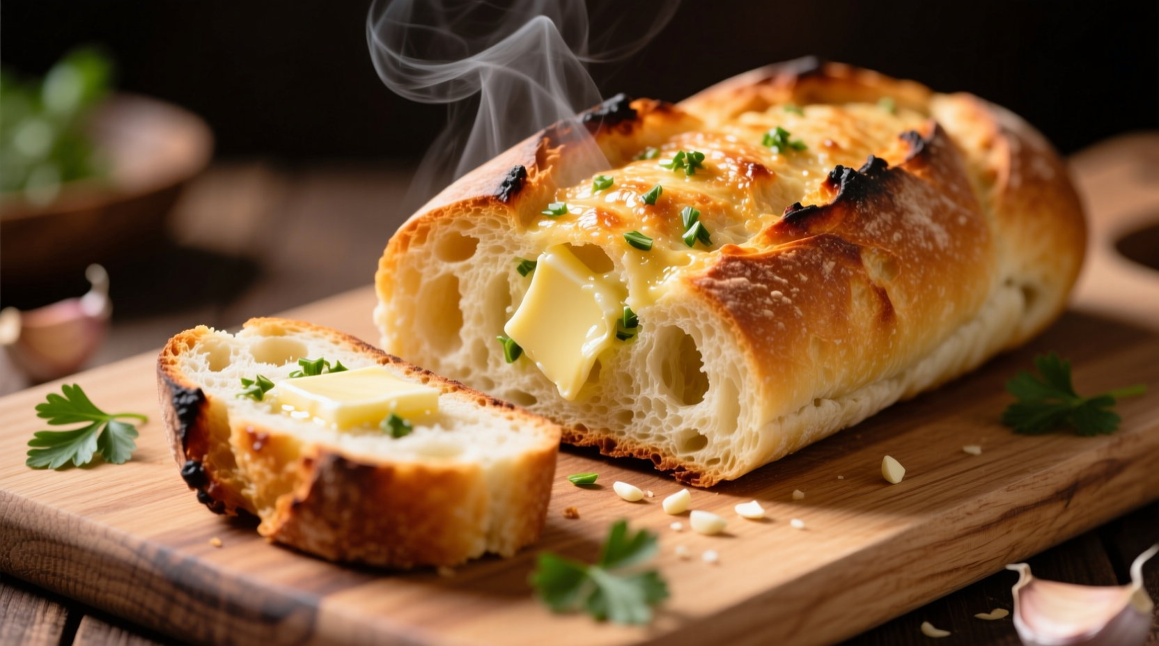 Freshly baked garlic bread on wooden cutting board