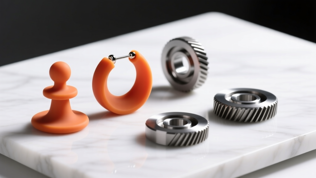 Silicone jumbo earring stoppers and PTFE friction clutches on white marble, illuminated by soft, diffused overhead studio lighting.