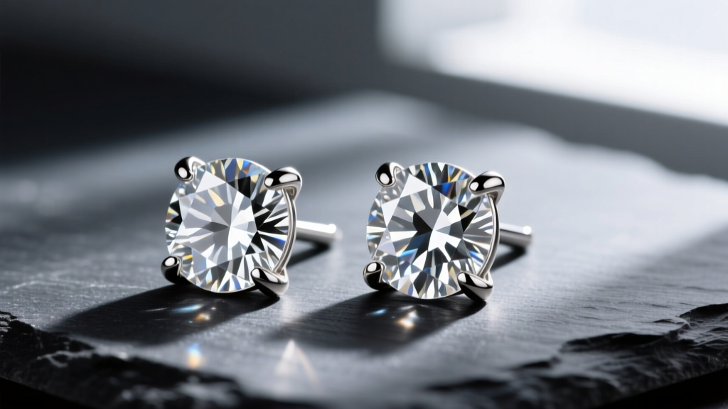 Macro shot of large princess cut diamond studs in platinum V-prongs on dark slate, side lighting highlighting geometric facets.