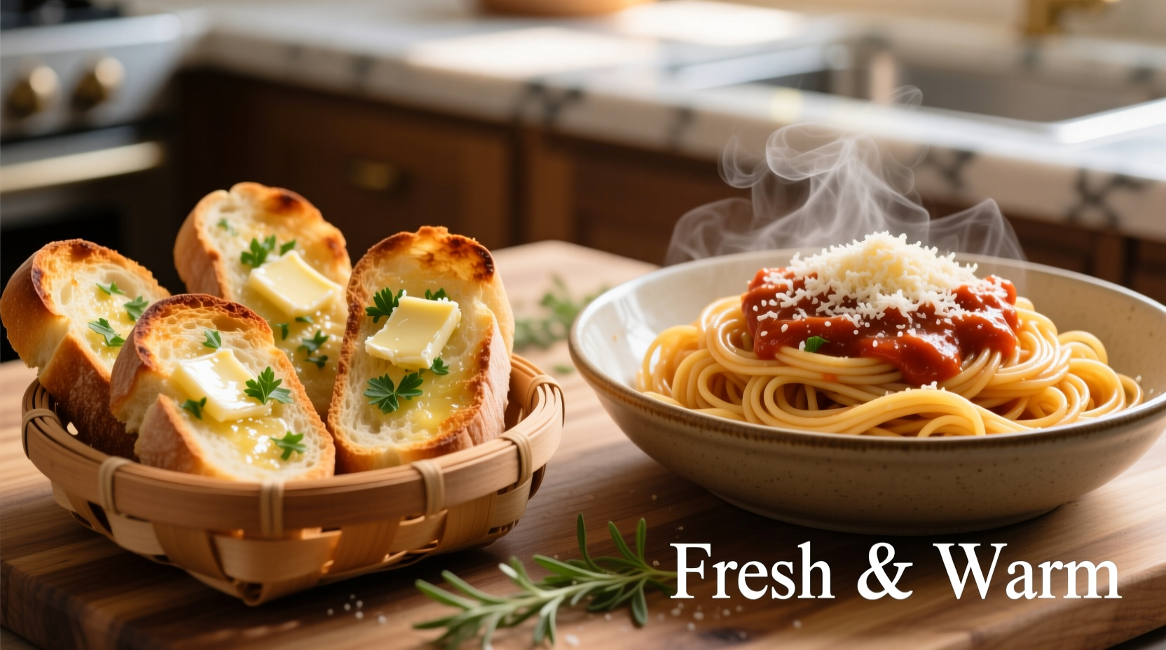 Golden garlic bread slices next to steaming spaghetti