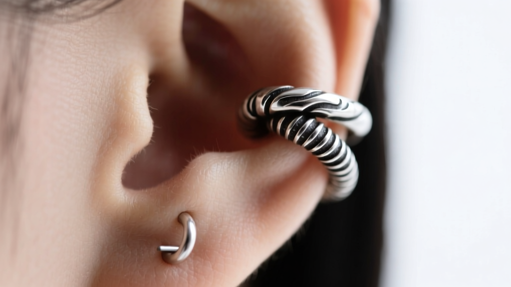 Macro photography of a sterling silver sandworm ear cuff wrapping around a helix piercing, highlighting oxidized metal details