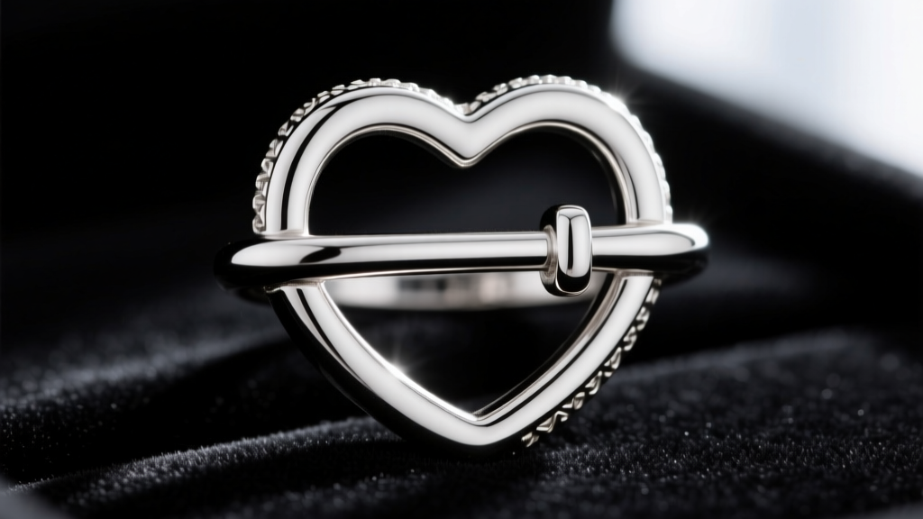 Macro shot of a 925 sterling silver heart toggle necklace clasp, showing the T-bar partially inserted into the ring on dark velvet