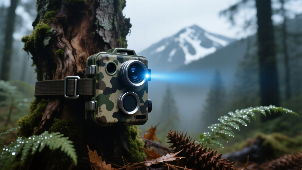 Rugged camouflage trail camera strapped to a tree trunk, monitoring a remote backcountry campsite using invisible infrared night vision tech.