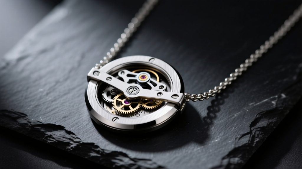 Macro shot of a titanium kinetic balance necklace on dark slate, highlighting the precise hinge mechanism and brushed finish.