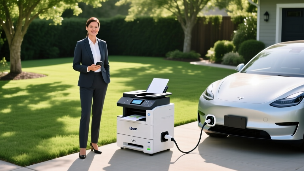 Mobile notary using an energy-efficient Epson EcoTank inkjet printer powered by an EV V2L outlet in a green driveway.