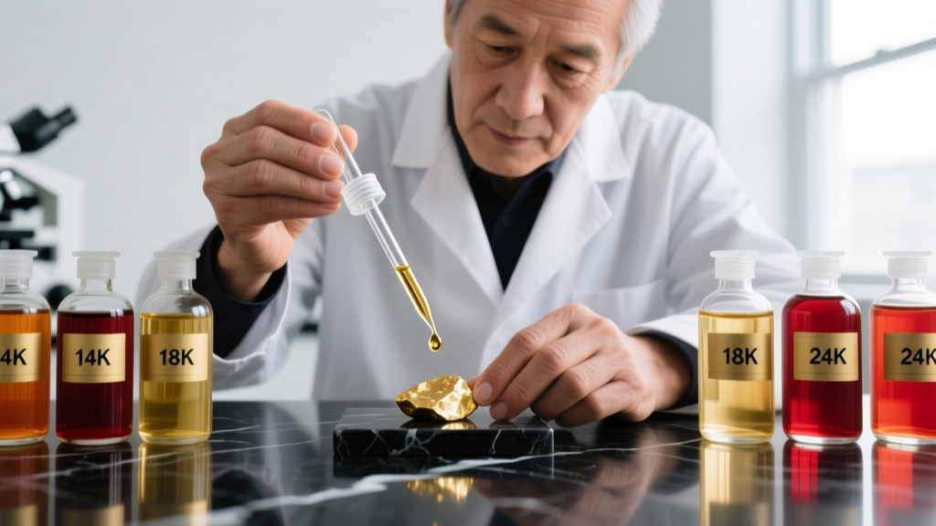 A professional jeweler carefully applying a drop of nitric acid to a gold testing stone next to a set of karat acid bottles.