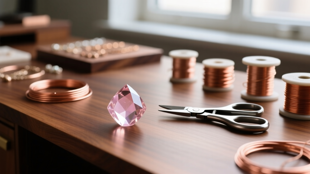 Close-up of jewelry workspace with copper wire spools, flush cutters, and a polished rose quartz briolette on a dark wooden desk