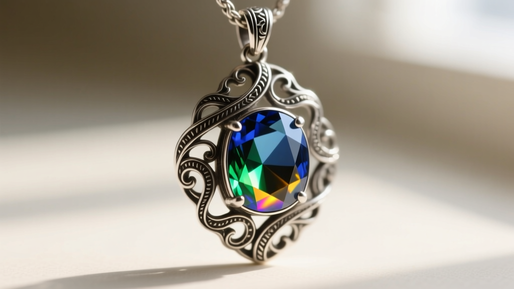 Macro shot of an oxidized sterling silver pendant with a prismatic gemstone, showing intricate filigree details and dark patina.