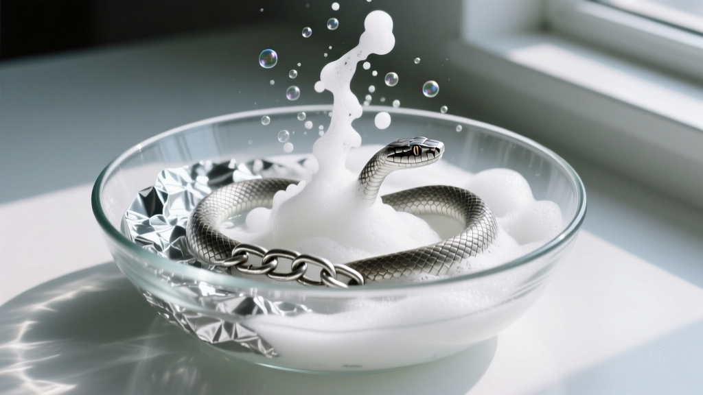 Tarnished sterling silver snake chain in a glass bowl with foil and baking soda, showing a bubbling chemical cleaning reaction