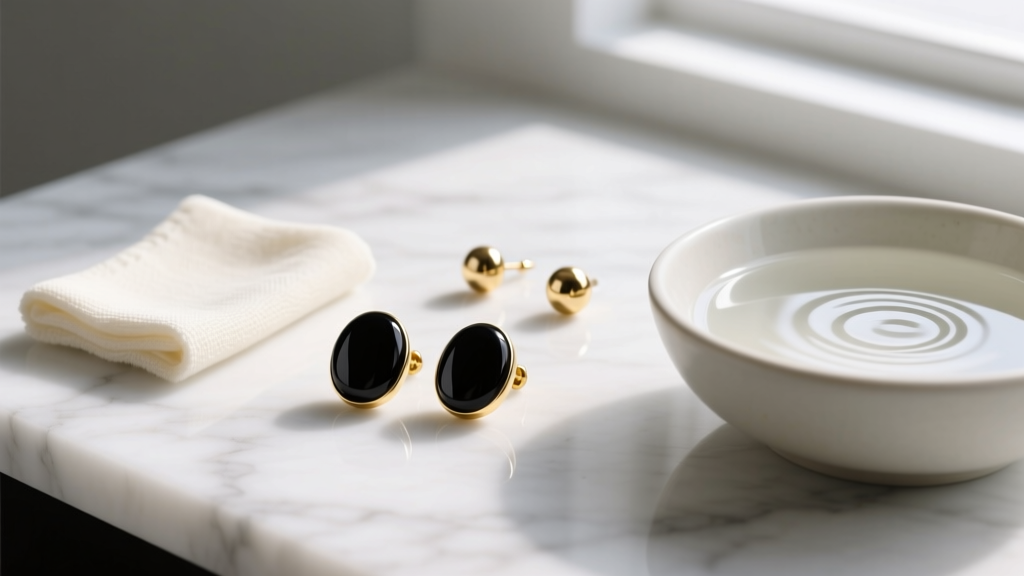 Flat lay of black onyx and gold stud earrings on white marble beside a soft polishing cloth and a bowl of mild soapy water.
