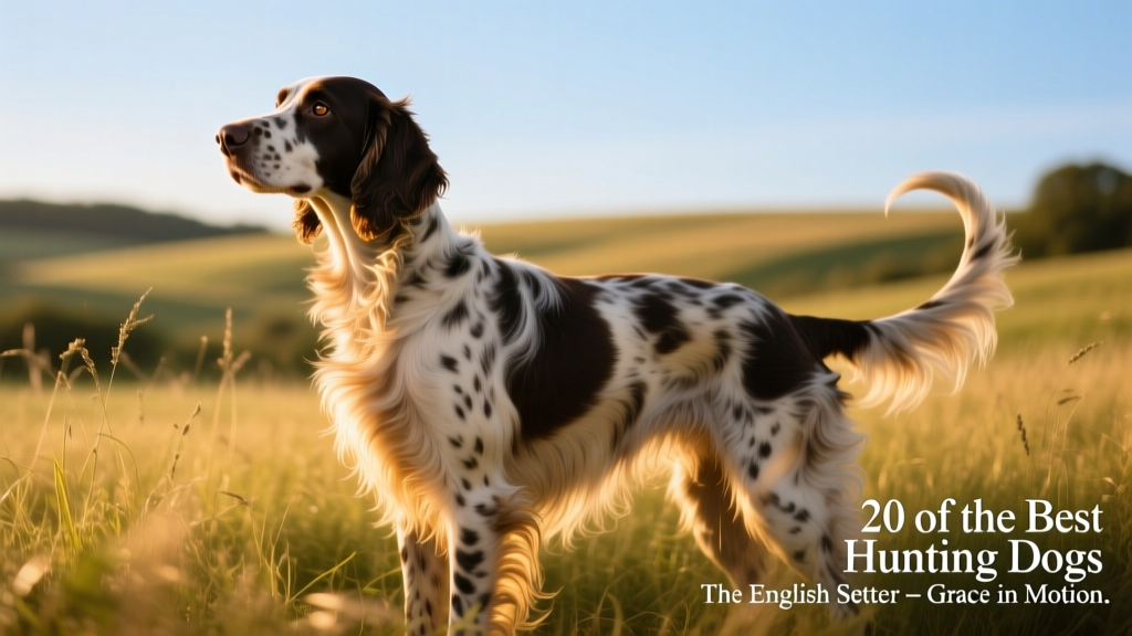 An English Setter standing alert in tall grass, head raised and tail gently curved—showcasing elegant posture and feathered coat