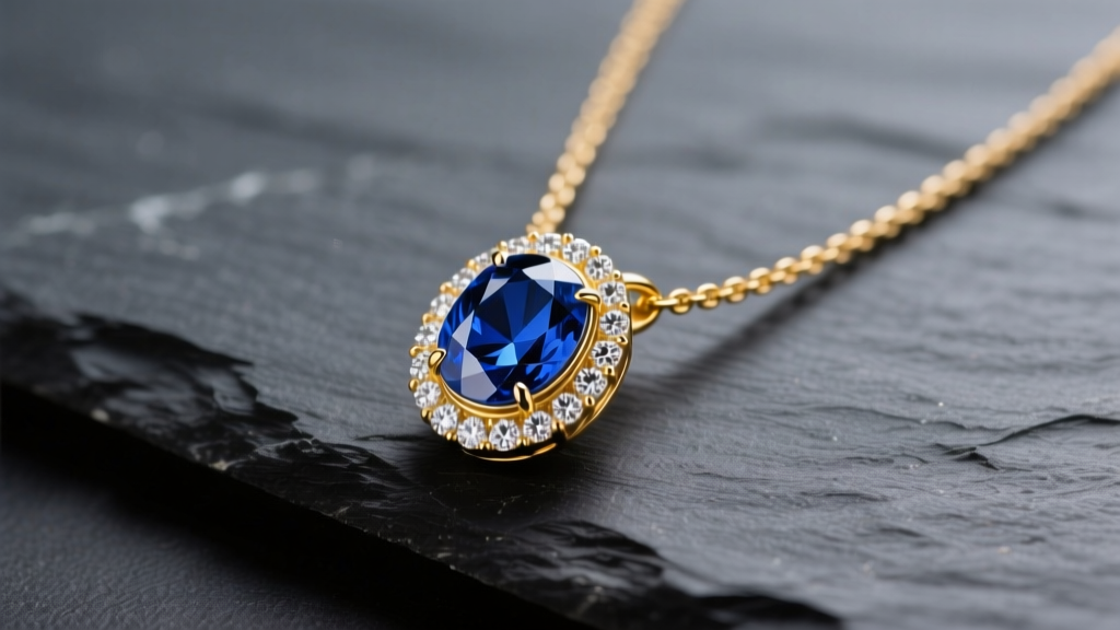 18k yellow gold necklace with a 3-carat oval blue sapphire pendant and diamond halo resting on dark slate under soft studio lighting