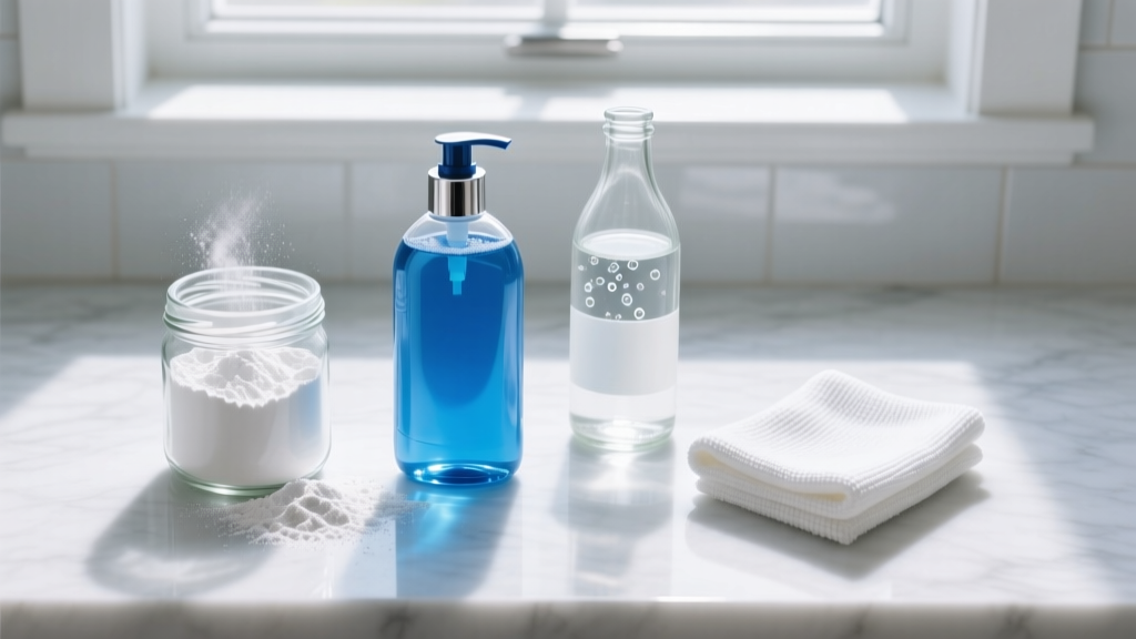 Top-down view of blue dish soap, baking soda, white vinegar, and a folded microfiber cloth arranged on a white marble counter.