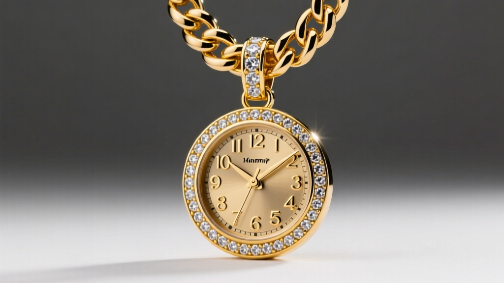 Thick 14mm yellow gold Cuban link chain threaded through oversized diamond bail of heavy hip-hop clock pendant, studio lighting