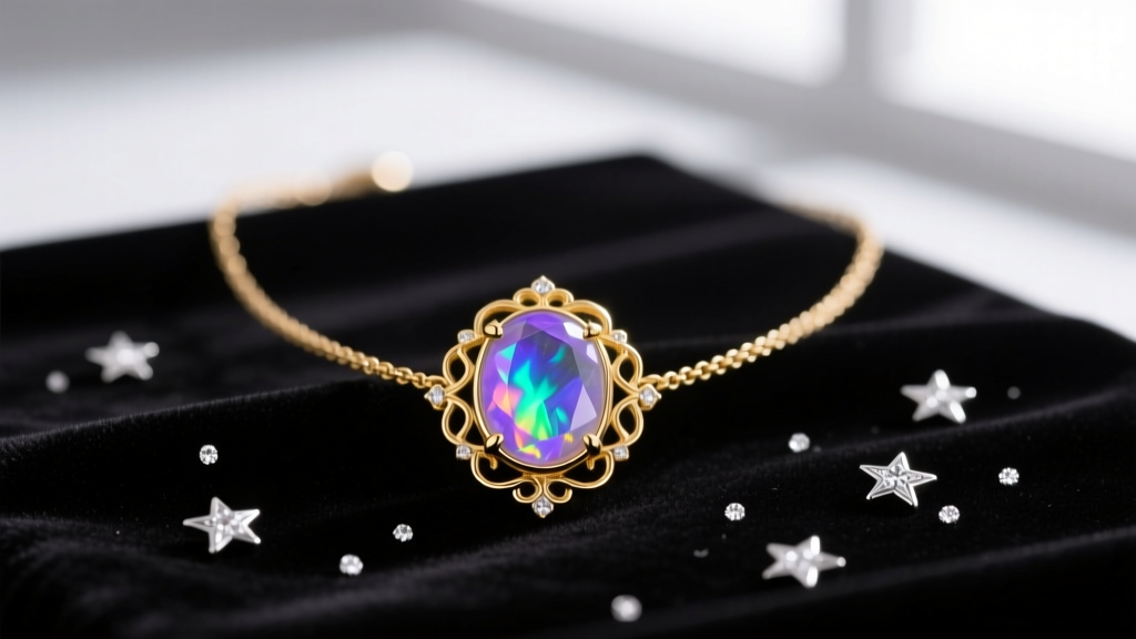 Editorial flat lay of a 14k gold vermeil magical necklace featuring a glowing AAA-grade rainbow moonstone cabochon on dark velvet
