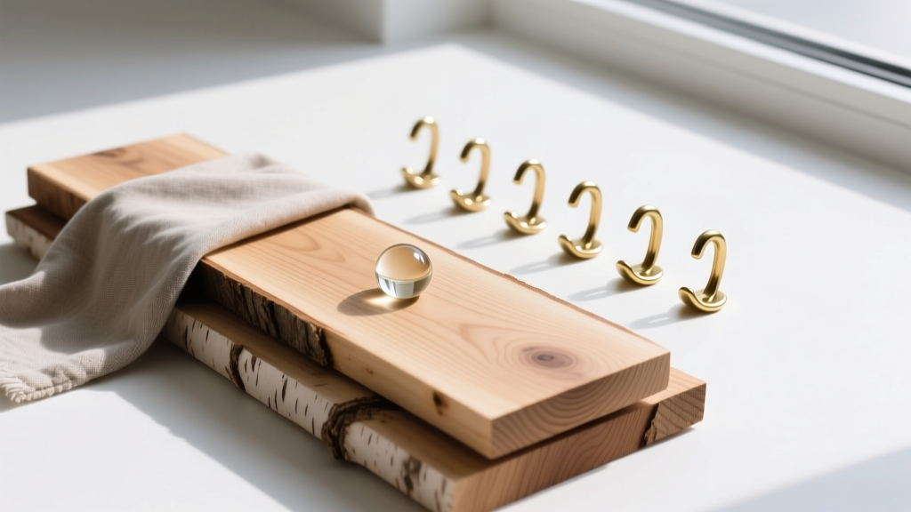 Flat lay of raw birch wood, anti-tarnish cloth, 18-gauge brass cup hooks, and water-based polyurethane on a clean white surface.