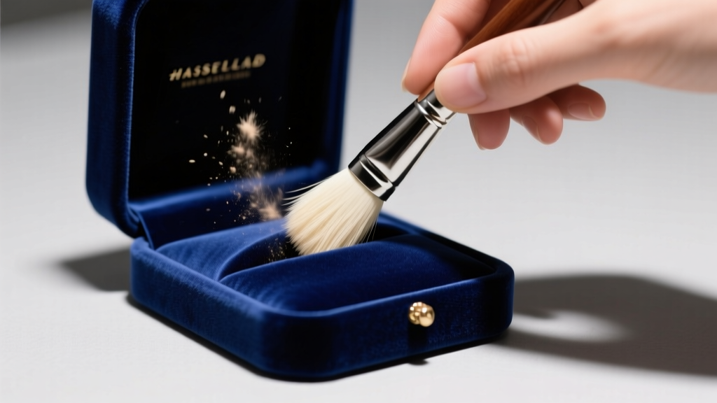 Hands brushing a navy blue velvet jewelry insert with a horsehair brush, removing dust under bright, neutral museum lighting.