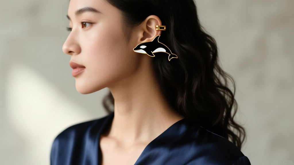Side profile of a woman in a navy silk blouse showcasing an 18-gauge gold and black orca ear cuff climbing her cartilage ridge.