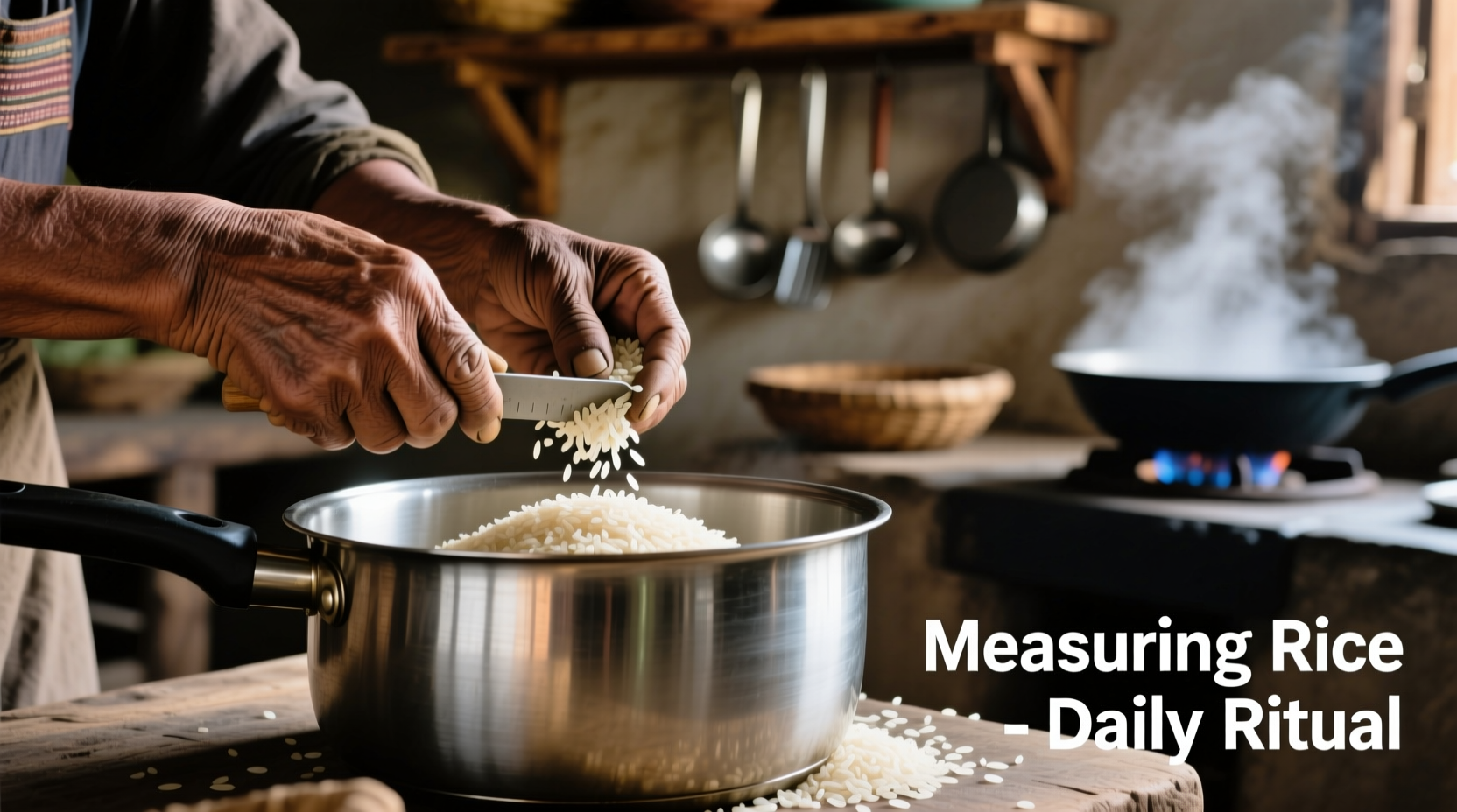 Hands measuring rice in stainless steel pot