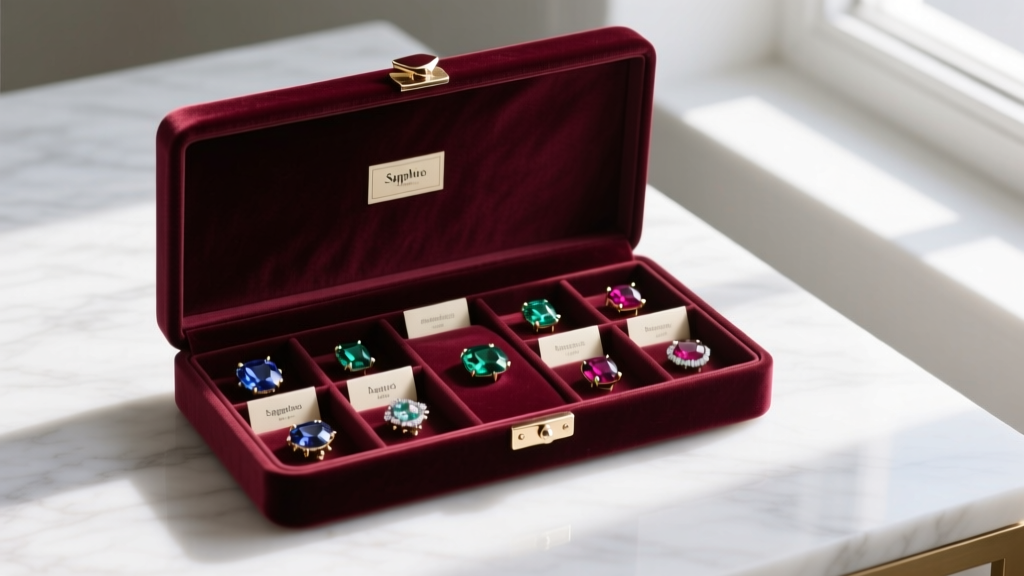 Velvet jewelry box displaying organized compartments with gemstone and metal studs stored safely away from direct sunlight.