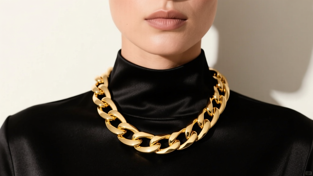 Model wearing a 14mm 14k yellow gold Cuban link chain chunky necklace on black silk, studio lighting highlighting polished metal.