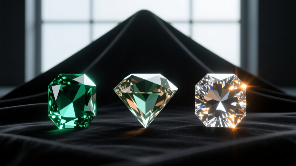 Three emerald cut stones comparing light return in glass, quartz, and cubic zirconia under soft light on a dark velvet backdrop