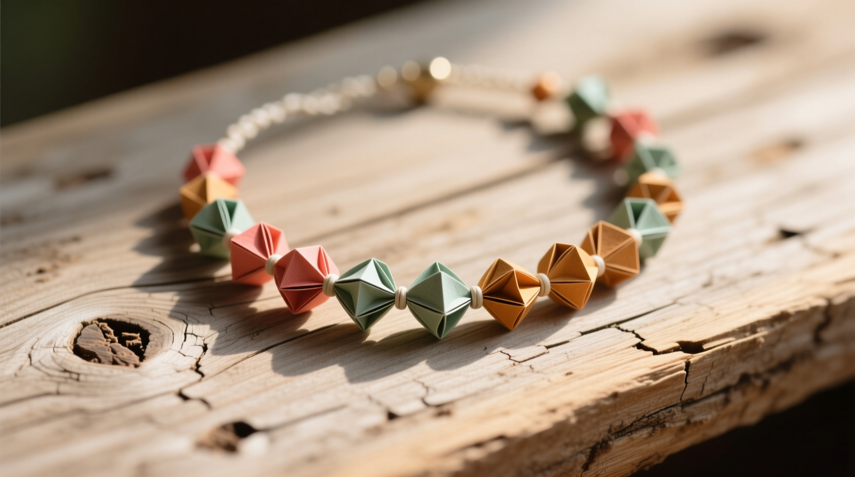 Handmade paper bead jewelry on natural wood surface