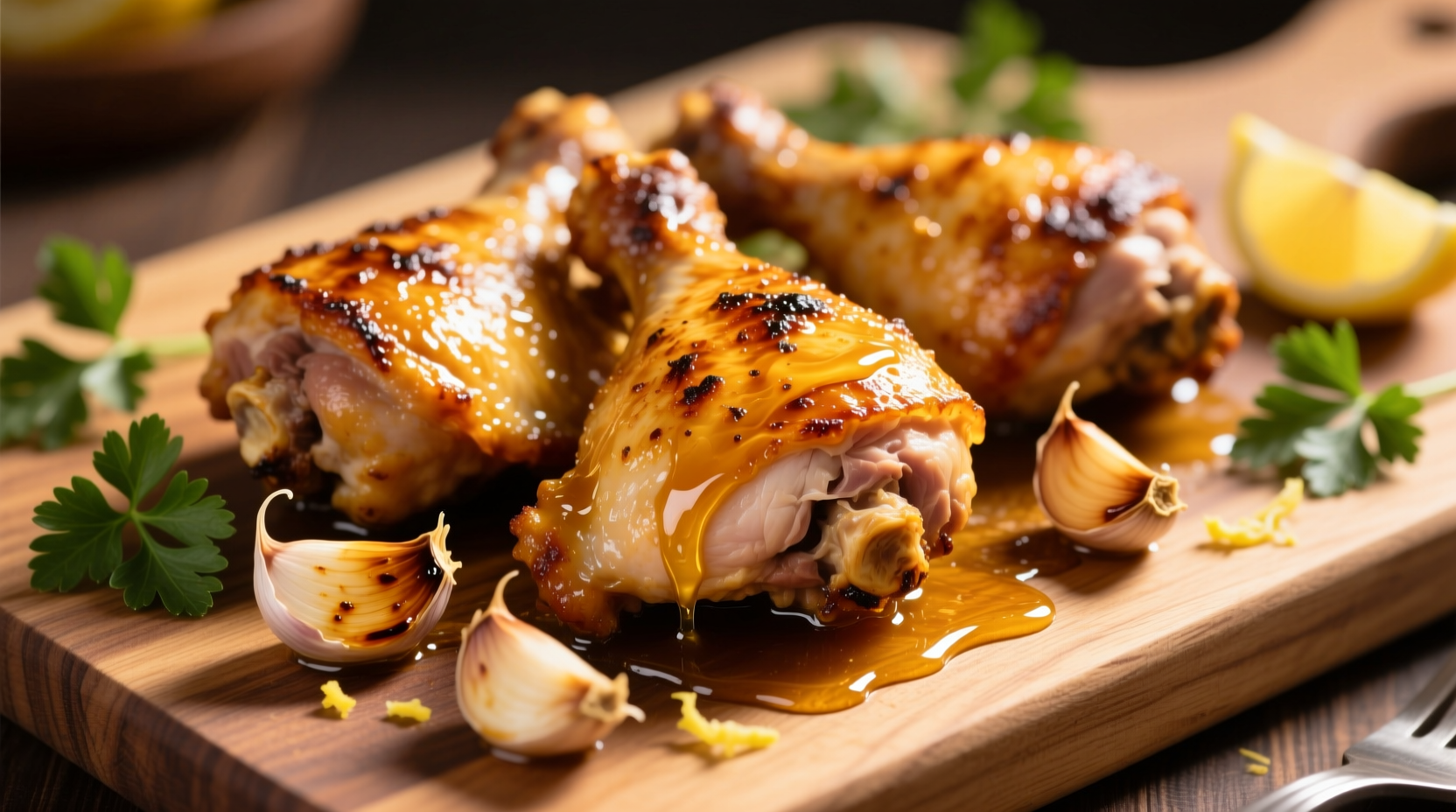 Golden honey garlic chicken thighs with garlic cloves