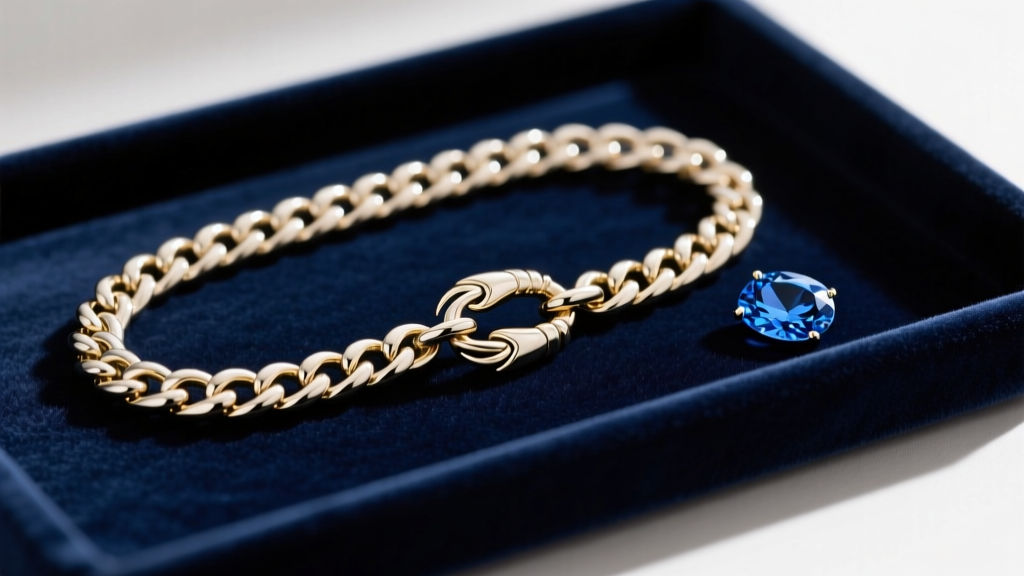 A 3mm 14k white gold Cuban link chain with a lobster clasp, laid flat on a velvet tray next to a loose oval blue sapphire gem