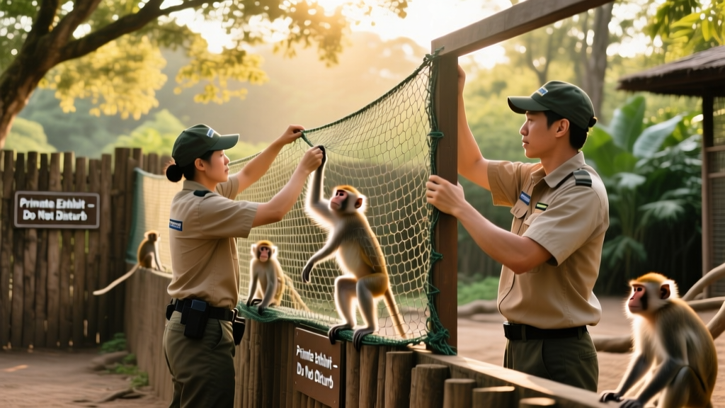 Zoo staff installing mesh netting along the perimeter of the macaque exhibit