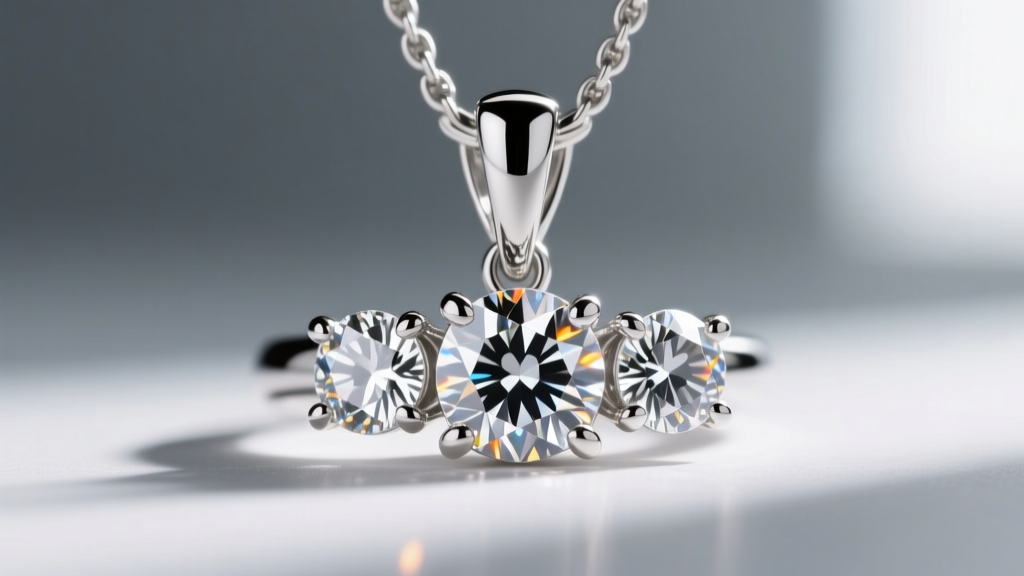 Close-up macro shot of a three-stone diamond pendant featuring a secure four-prong platinum setting with brilliant round cut gems.