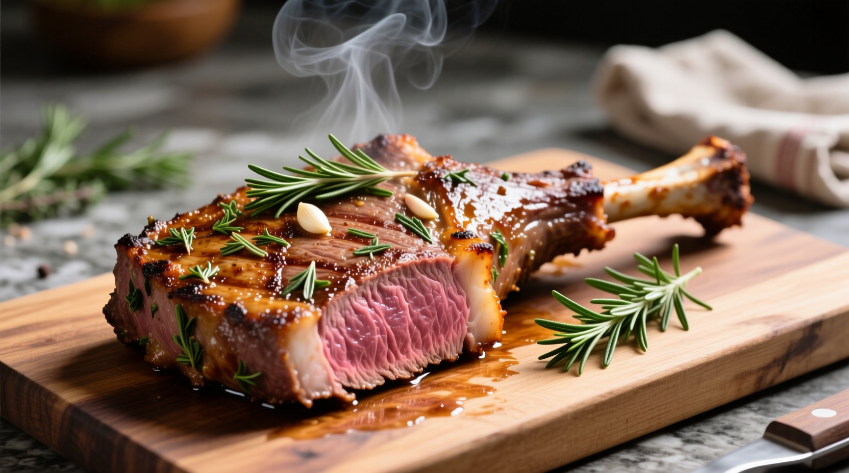 Perfectly cooked lamb leg steak with herb crust