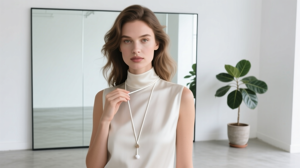 Woman holding a plain cotton string against her collarbone to measure her custom necklace drop length in a bright, modern mirror.