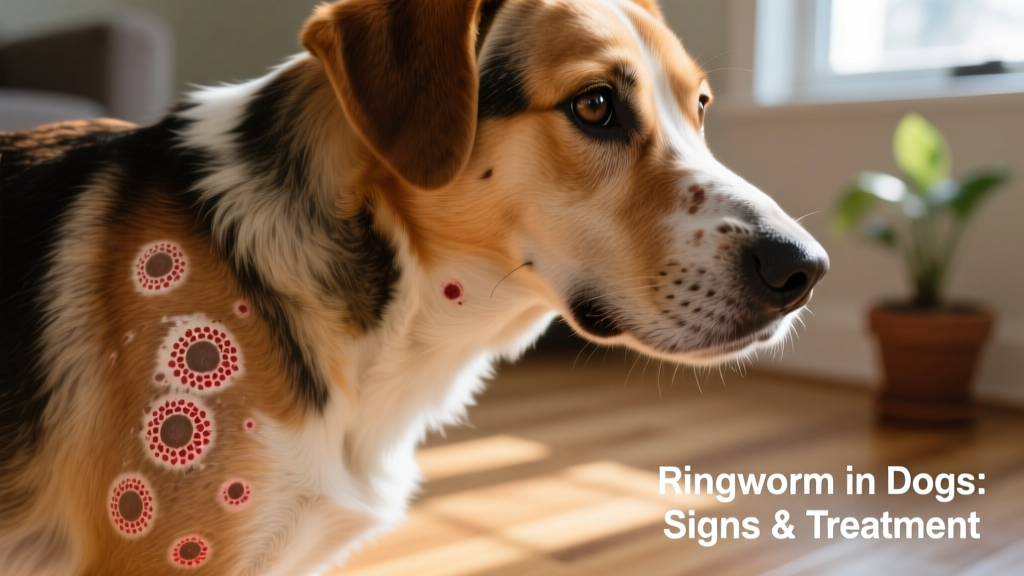 Close-up of a dog's skin showing circular, scaly patches with hair loss, typical of ringworm infection