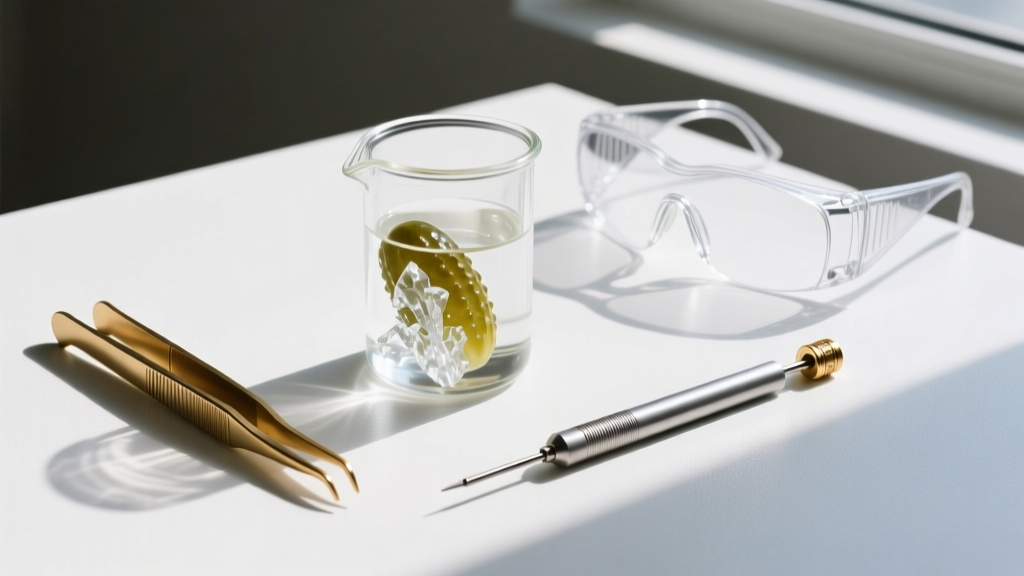 Flat lay of soldering add-ons: a glass pickle pot with alum solution, brass tweezers, a titanium pick, and clear safety glasses