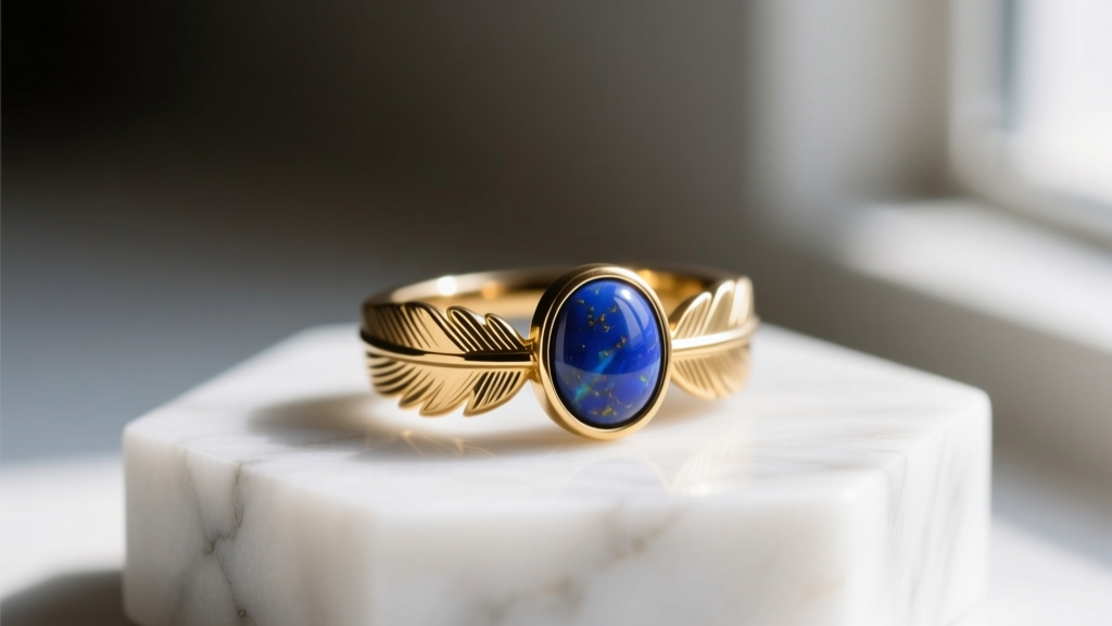 Macro shot of a 16g titanium ear cuff with a 70s feather motif, PVD gold coated, featuring a lapis lazuli cabochon on white marble