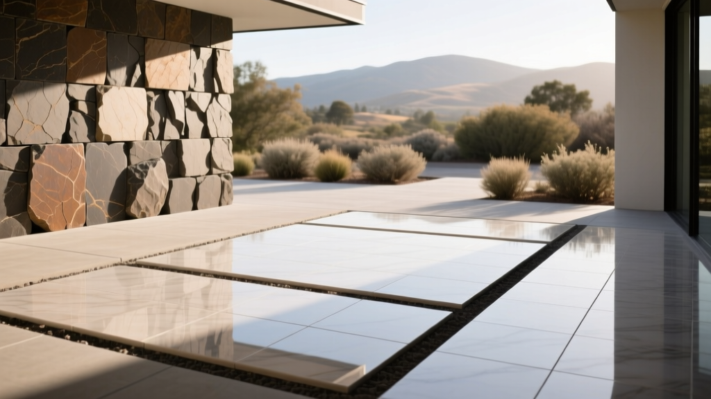 Natural basalt stone veneer and porcelain pavers displayed outside the Peninsula Building Materials Mountain View showroom yard