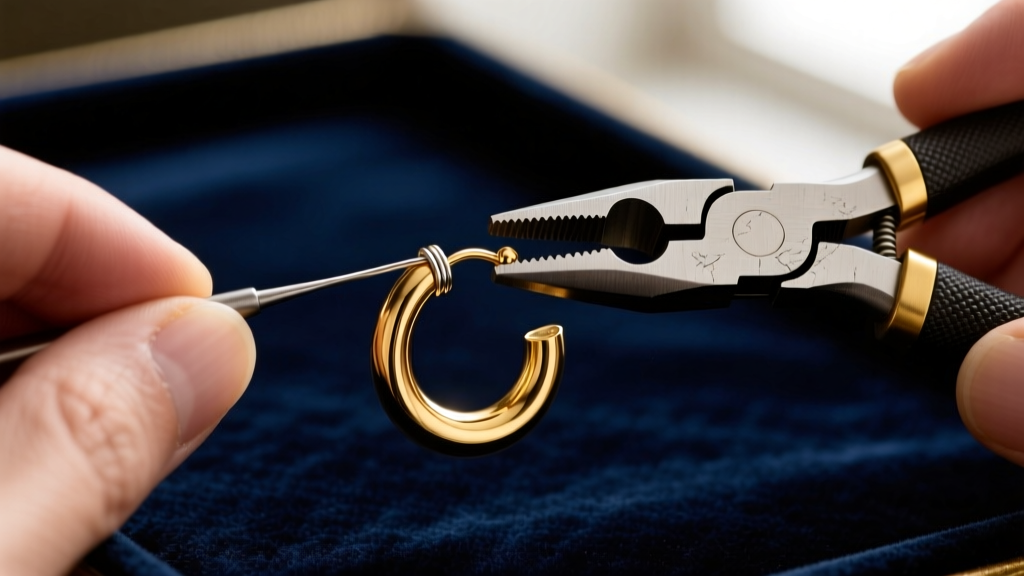 Nylon-jaw pliers adjusting the tension wire of a stuck 14mm gold endless hoop earring on a dark velvet jeweler