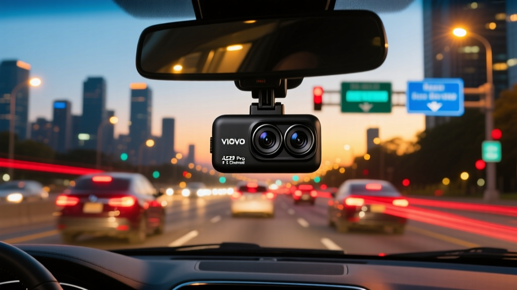 VIOFO A229 Pro 3-channel dash cam mounted on the windshield of a sedan recording a busy highway intersection during evening commute