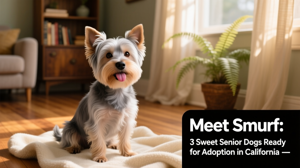 Smurf, a small senior Yorkshire Terrier with his tongue playfully hanging out, sitting calmly on a soft blanket