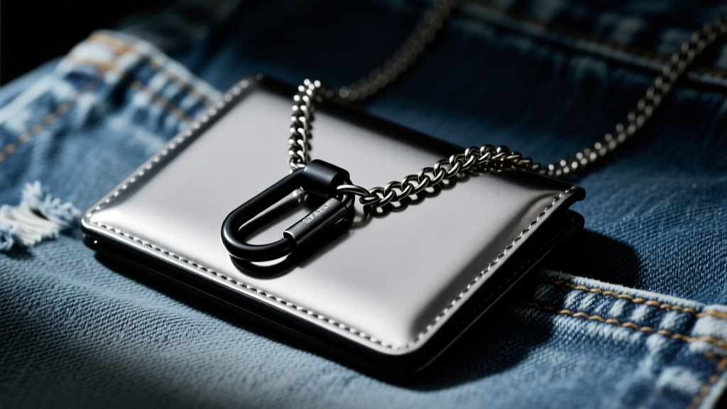 Heavy 316L stainless steel wallet necklace with matte black carabiner clasp on distressed denim, moody studio lighting.