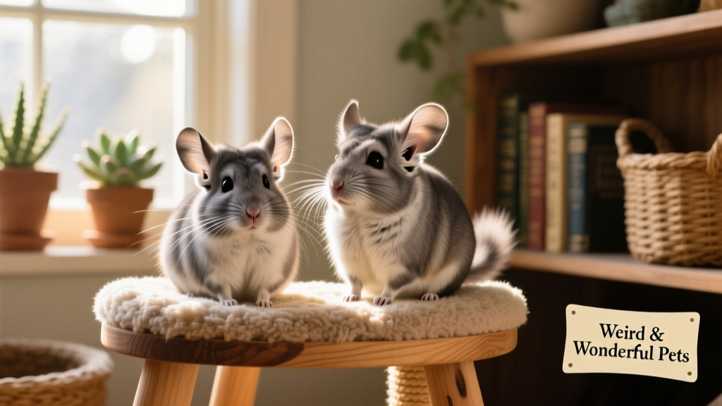 Two chinchillas sitting side by side on a soft perch