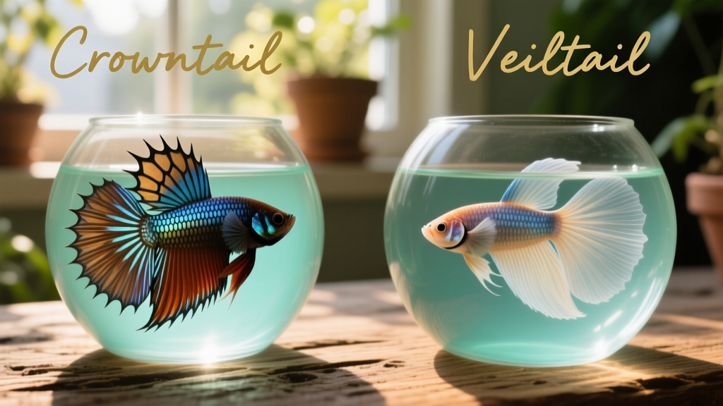 Side-by-side comparison of a Crowntail betta and a standard veiltail betta, highlighting the dramatic difference in tail structure