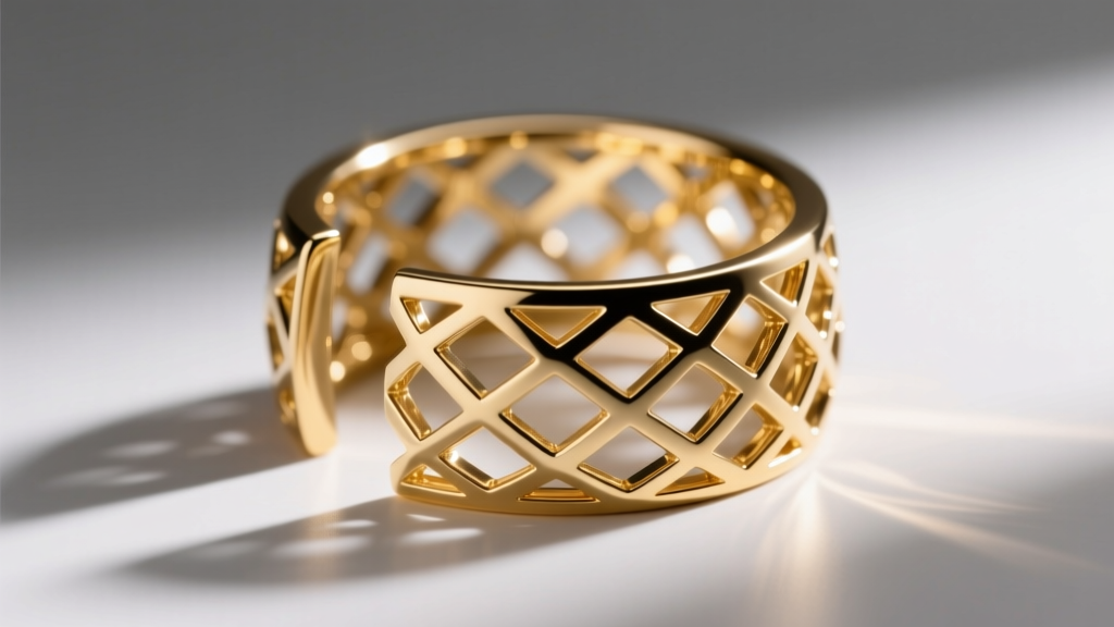 Macro view of an 18k gold ear cuff featuring parametric CAD lattice structures under focused, bright studio lighting