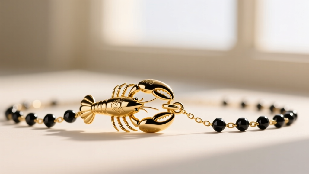Close-up of a 14k gold lobster clasp connecting a delicate chain with small black onyx beads against a softly blurred background.