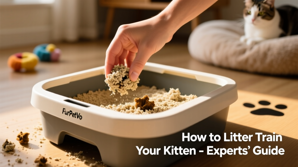 A hand scooping fresh clumps from a FurPetVo litter box, with clean, dry litter visible underneath
