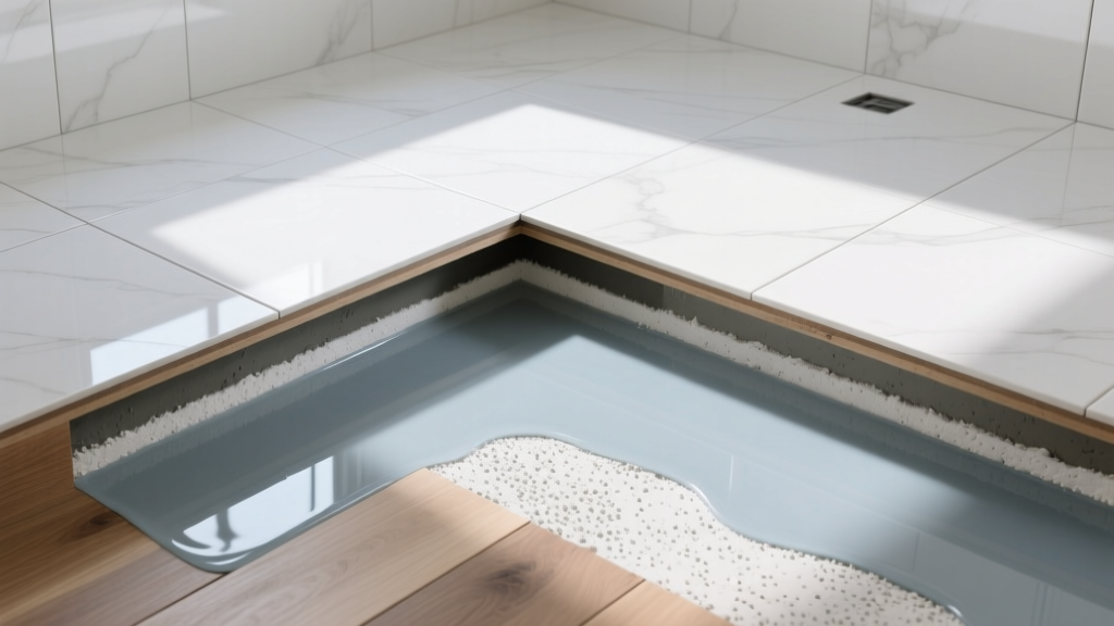 Bathroom floor cross-section showing plywood subfloor, liquid waterproofing membrane, thinset mortar, and large porcelain tiles