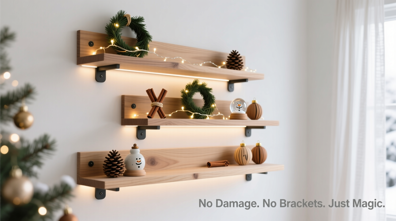how to mount floating shelf christmas displays without visible brackets or wall damage