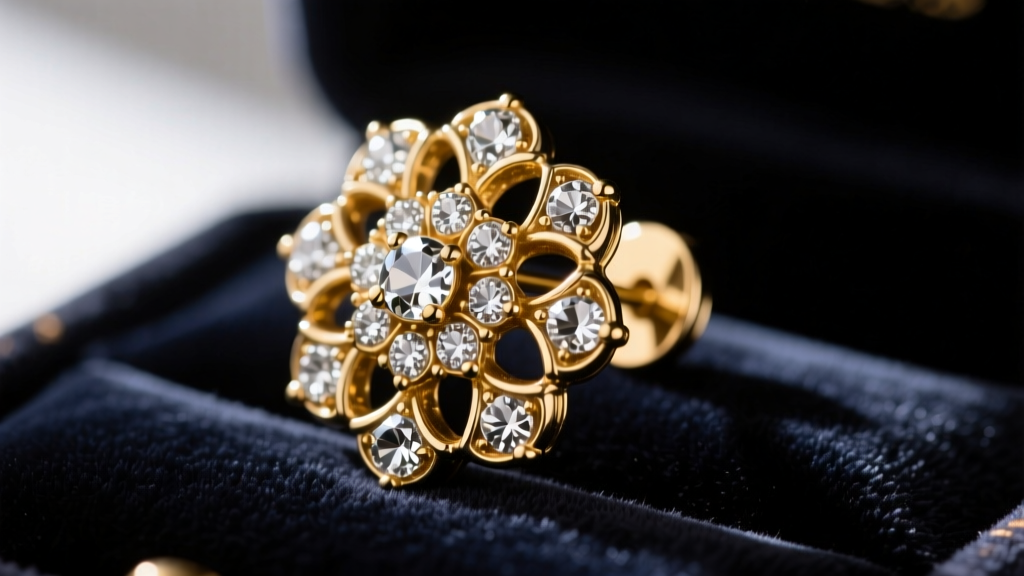 Close-up of ornate 1940s gold-plated vintage clip on earrings with floral motifs and pave rhinestones resting on dark velvet.
