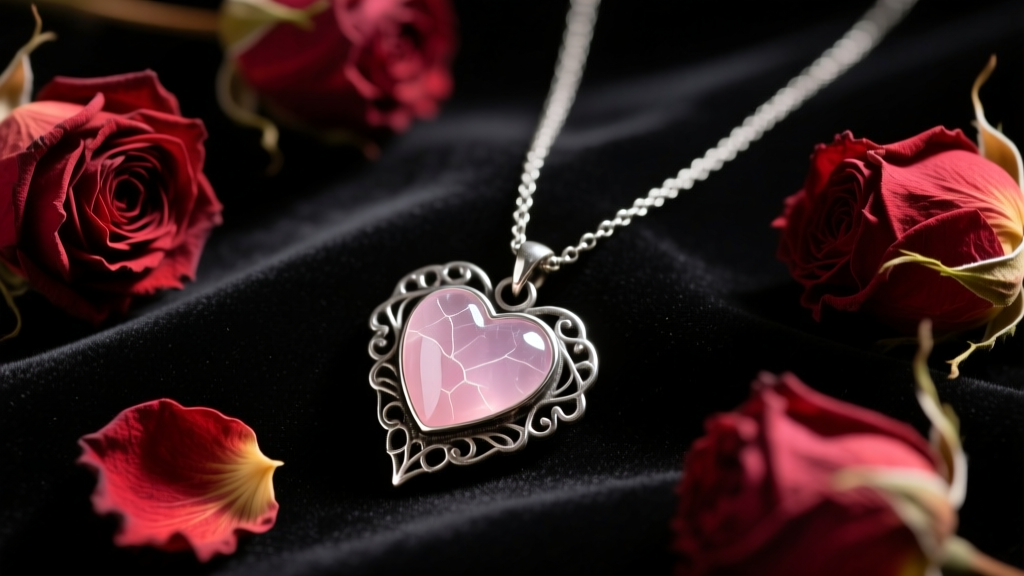Moody close-up of an oxidized silver love witch necklace with a rose quartz heart pendant on dark velvet beside dried red roses.
